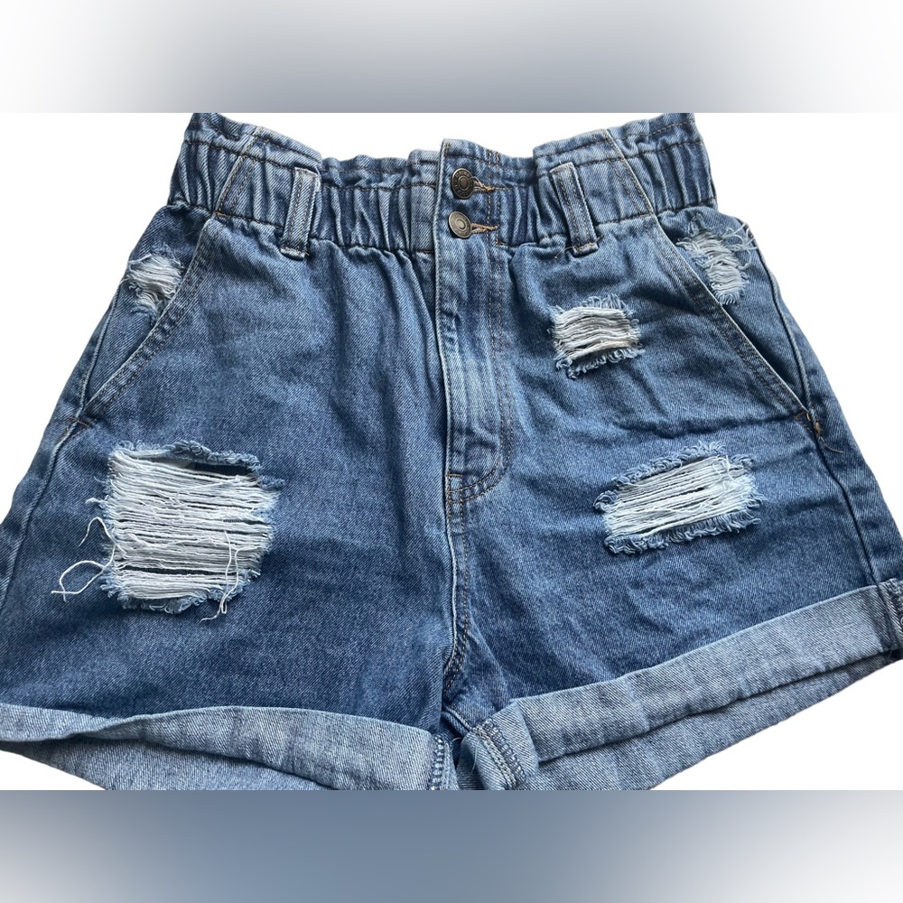 Distressed medium wash Forever 21 paper bag shorts